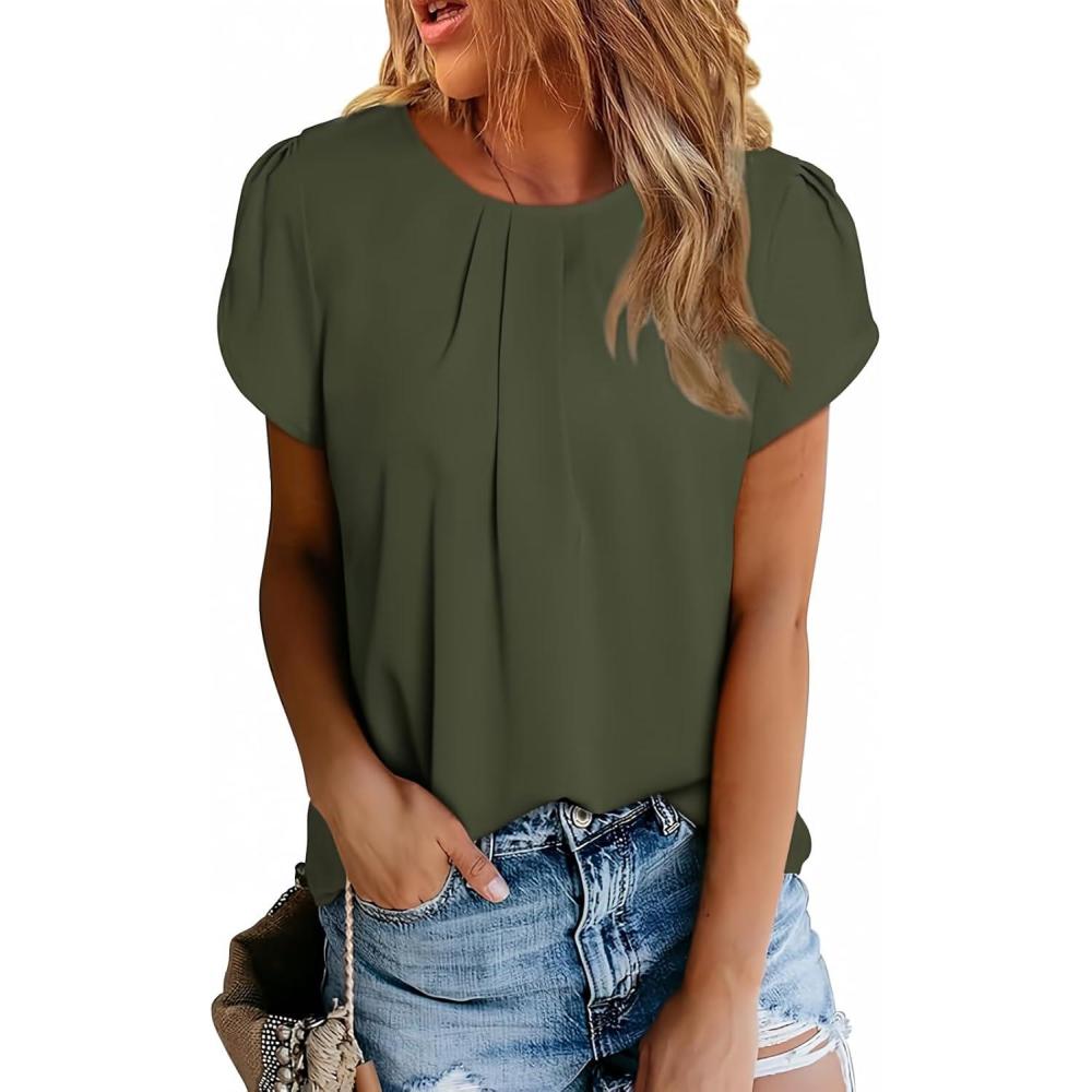 imageDokotoo Womens Casual Round Neck Basic Pleated Tops Short Sleeve Loose Fit Curved Back Chiffon Blouses TshirtsJungle Green