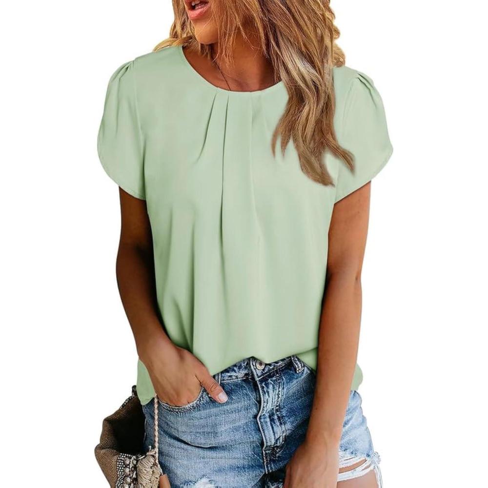 imageDokotoo Womens Casual Round Neck Basic Pleated Tops Short Sleeve Loose Fit Curved Back Chiffon Blouses TshirtsMeadow Mist Green