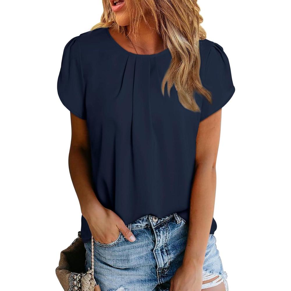 imageDokotoo Womens Casual Round Neck Basic Pleated Tops Short Sleeve Loose Fit Curved Back Chiffon Blouses TshirtsNavy Blue