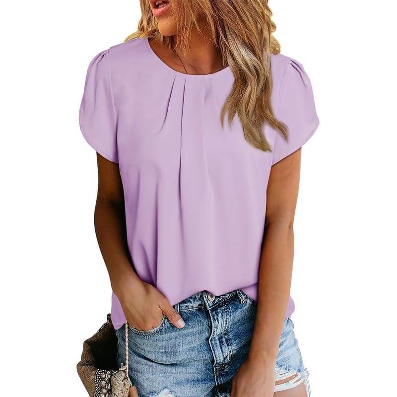 imageDokotoo Womens Casual Round Neck Basic Pleated Tops Short Sleeve Loose Fit Curved Back Chiffon Blouses TshirtsPurple