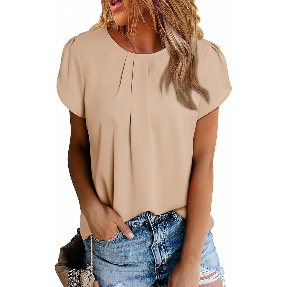 imageDokotoo Womens Casual Round Neck Basic Pleated Tops Short Sleeve Loose Fit Curved Back Chiffon Blouses TshirtsSmoke Gray