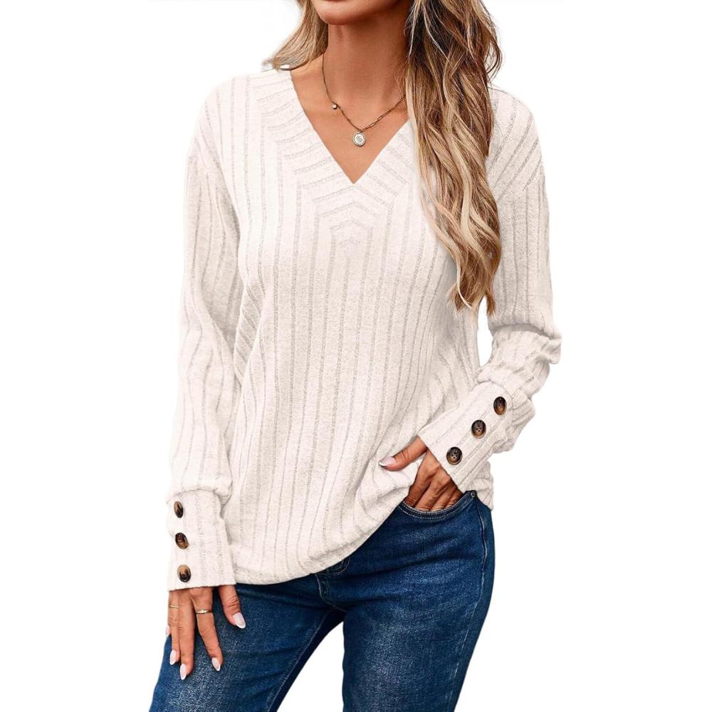 imageDokotoo Womens Soft Long Sleeve V Neck Shirts Solid Casual Decorative Buttons Knitted Pullover Tunic TopsBeige