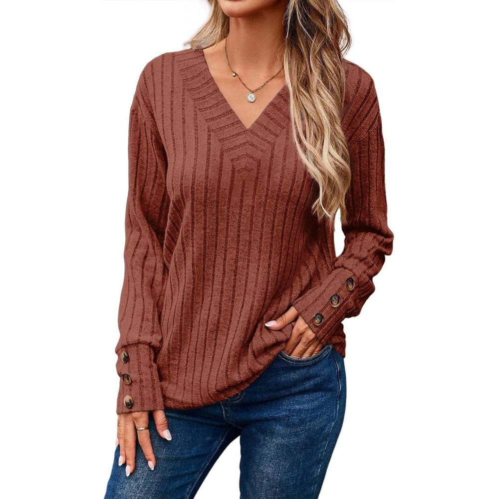 imageDokotoo Womens Soft Long Sleeve V Neck Shirts Solid Casual Decorative Buttons Knitted Pullover Tunic TopsCaramel