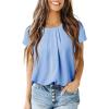 imageDokotoo Womens Casual Round Neck Basic Pleated Tops Short Sleeve Loose Fit Curved Back Chiffon Blouses TshirtsSky Blue