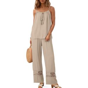 imageDokotoo 2 Piece Sets for Women Summer Spaghetti Strap Tie Knot Top Lace Wide Leg Pants SetBeige