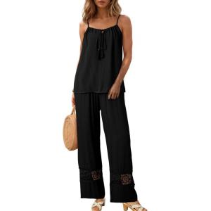 imageDokotoo 2 Piece Sets for Women Summer Spaghetti Strap Tie Knot Top Lace Wide Leg Pants SetBlack