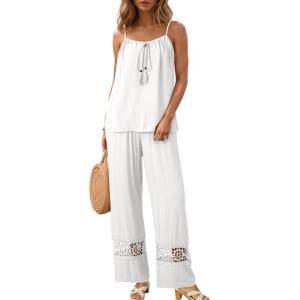 imageDokotoo 2 Piece Sets for Women Summer Spaghetti Strap Tie Knot Top Lace Wide Leg Pants SetWhite