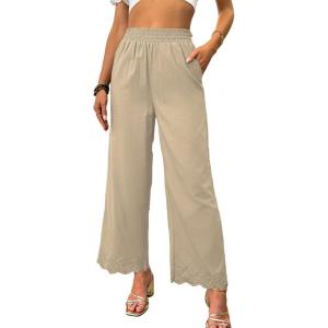 imageDokotoo Casual Pants for Women High Waisted Elastic Wide Leg Pants Eyelet Lace Hem Trousers with PocketsApricot