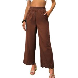 imageDokotoo Casual Pants for Women High Waisted Elastic Wide Leg Pants Eyelet Lace Hem Trousers with PocketsBrick Red