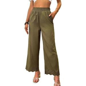 imageDokotoo Casual Pants for Women High Waisted Elastic Wide Leg Pants Eyelet Lace Hem Trousers with PocketsGreen