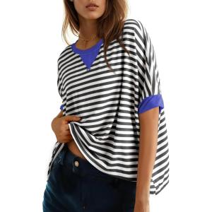 imageDokotoo Summer Shirts 2025 Womens Solid T Shirts for Women Loose Oversized Tops Basic TeeBlack Stripe