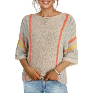 imageDokotoo Womens 2025 Fall Casual Crewneck 34 Sleeve Striped Lightweight Knit Trendy Boho Tops Pullover SweatersB Beige 2