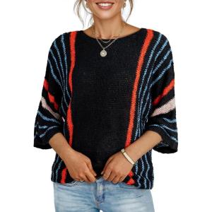 imageDokotoo Womens 2025 Fall Casual Crewneck 34 Sleeve Striped Lightweight Knit Trendy Boho Tops Pullover SweatersB Black