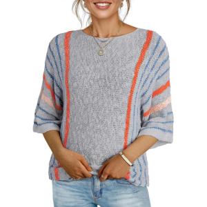 imageDokotoo Womens 2025 Fall Casual Crewneck 34 Sleeve Striped Lightweight Knit Trendy Boho Tops Pullover SweatersB Gray