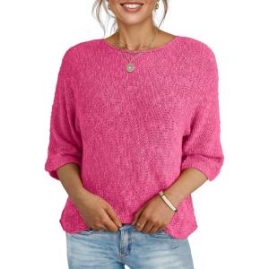 imageDokotoo Womens 2025 Fall Casual Crewneck 34 Sleeve Striped Lightweight Knit Trendy Boho Tops Pullover SweatersB Rose