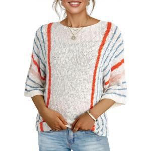 imageDokotoo Womens 2025 Fall Casual Crewneck 34 Sleeve Striped Lightweight Knit Trendy Boho Tops Pullover SweatersB White
