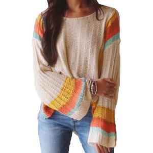 imageDokotoo Womens 2025 Fall Casual Crewneck 34 Sleeve Striped Lightweight Knit Trendy Boho Tops Pullover SweatersC Apricot