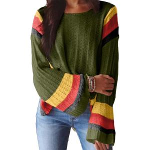 imageDokotoo Womens 2025 Fall Casual Crewneck 34 Sleeve Striped Lightweight Knit Trendy Boho Tops Pullover SweatersC Green