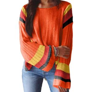 imageDokotoo Womens 2025 Fall Casual Crewneck 34 Sleeve Striped Lightweight Knit Trendy Boho Tops Pullover SweatersC Orange