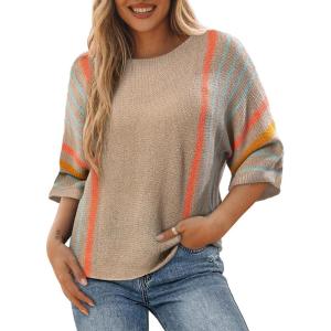 imageDokotoo Womens 2025 Fall Casual Crewneck 34 Sleeve Striped Lightweight Knit Trendy Boho Tops Pullover SweatersH Beige