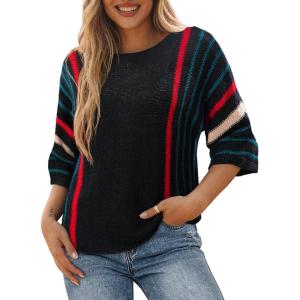 imageDokotoo Womens 2025 Fall Casual Crewneck 34 Sleeve Striped Lightweight Knit Trendy Boho Tops Pullover SweatersH Black