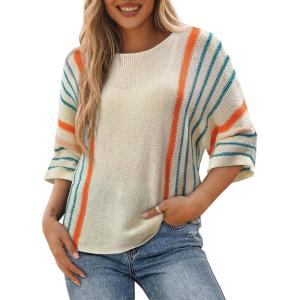 imageDokotoo Womens 2025 Fall Casual Crewneck 34 Sleeve Striped Lightweight Knit Trendy Boho Tops Pullover SweatersH White