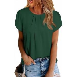 imageDokotoo Womens Casual Round Neck Basic Pleated Tops Short Sleeve Loose Fit Curved Back Chiffon Blouses TshirtsBlackish Green