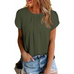 imageDokotoo Womens Casual Round Neck Basic Pleated Tops Short Sleeve Loose Fit Curved Back Chiffon Blouses TshirtsJungle Green