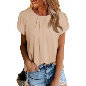 imageDokotoo Womens Casual Round Neck Basic Pleated Tops Short Sleeve Loose Fit Curved Back Chiffon Blouses TshirtsSmoke Gray