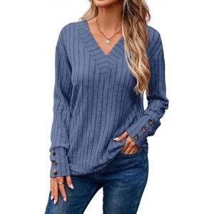 imageDokotoo Womens Soft Long Sleeve V Neck Shirts Solid Casual Decorative Buttons Knitted Pullover Tunic TopsAshleigh Blue