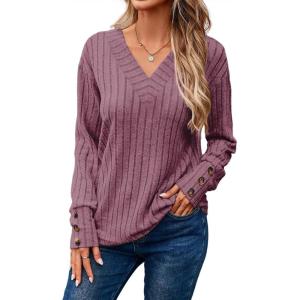 imageDokotoo Womens Soft Long Sleeve V Neck Shirts Solid Casual Decorative Buttons Knitted Pullover Tunic TopsValerian