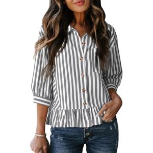 imageDokotoo 34 Length Sleeve Womens Tops Dressy Casual Blouses Babydoll Tops Button Down Striped ShirtA Black Stripe