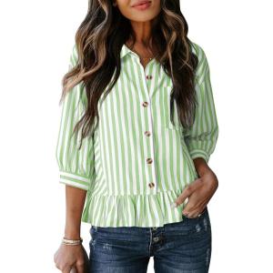 imageDokotoo 34 Length Sleeve Womens Tops Dressy Casual Blouses Babydoll Tops Button Down Striped ShirtA Green Stripe