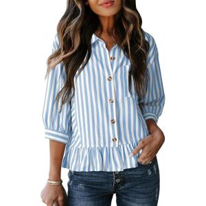 imageDokotoo 34 Length Sleeve Womens Tops Dressy Casual Blouses Babydoll Tops Button Down Striped ShirtA Sky Blue Stripe