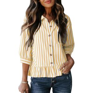 imageDokotoo 34 Length Sleeve Womens Tops Dressy Casual Blouses Babydoll Tops Button Down Striped ShirtA Yellow Stripe