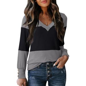 imageDokotoo Long Sleeve Shirts for Women Fall Outfits V Neck Shirts Button Tunic Tops Fashion Winter ClothingBlack Grey