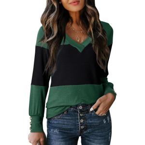 imageDokotoo Long Sleeve Shirts for Women Fall Outfits V Neck Shirts Button Tunic Tops Fashion Winter ClothingBlackish Green
