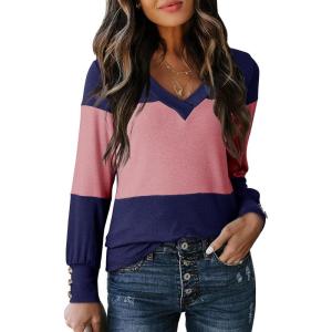 imageDokotoo Long Sleeve Shirts for Women Fall Outfits V Neck Shirts Button Tunic Tops Fashion Winter ClothingBlue Stripe