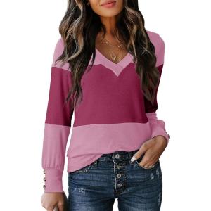 imageDokotoo Long Sleeve Shirts for Women Fall Outfits V Neck Shirts Button Tunic Tops Fashion Winter ClothingBonbon