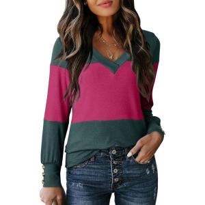 imageDokotoo Long Sleeve Shirts for Women Fall Outfits V Neck Shirts Button Tunic Tops Fashion Winter ClothingEvergreen