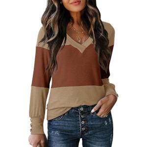 imageDokotoo Long Sleeve Shirts for Women Fall Outfits V Neck Shirts Button Tunic Tops Fashion Winter ClothingLight French Beige