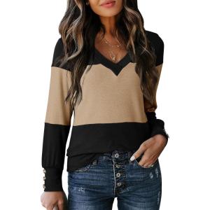 imageDokotoo Long Sleeve Shirts for Women Fall Outfits V Neck Shirts Button Tunic Tops Fashion Winter ClothingParchment