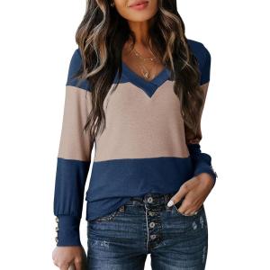 imageDokotoo Long Sleeve Shirts for Women Fall Outfits V Neck Shirts Button Tunic Tops Fashion Winter ClothingSail Blue