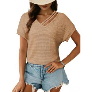 imageDokotoo Womens Summer Tops 2026 Waffle Knit Short Sleeve V Neck Shirts Womens Blouses Dressy Casual Basic TeeA Apricot