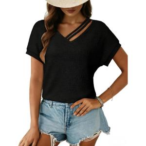 imageDokotoo Womens Summer Tops 2026 Waffle Knit Short Sleeve V Neck Shirts Womens Blouses Dressy Casual Basic TeeA Black