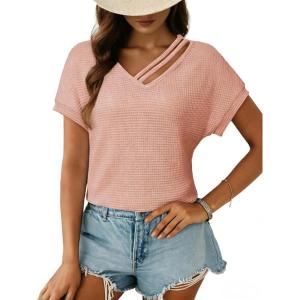 imageDokotoo Womens Summer Tops 2026 Waffle Knit Short Sleeve V Neck Shirts Womens Blouses Dressy Casual Basic TeeA Gossamer Pink