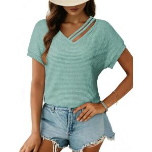 imageDokotoo Womens Summer Tops 2026 Waffle Knit Short Sleeve V Neck Shirts Womens Blouses Dressy Casual Basic TeeA Iceland Blue