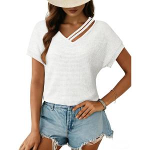 imageDokotoo Womens Summer Tops 2026 Waffle Knit Short Sleeve V Neck Shirts Womens Blouses Dressy Casual Basic TeeA White