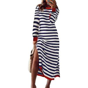 imageDokotoo Fall Dresses for Women 2024 Striped Color Block Long Sleeve Crewneck Side Splits Casual Loose Long Maxi DressBlue
