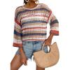 imageDokotoo Womens Spring Summer 34 Sleeve Crochet Sweater Hollow Out Color Block Striped Tops Casual Beach Vacation Cover UpsBeige